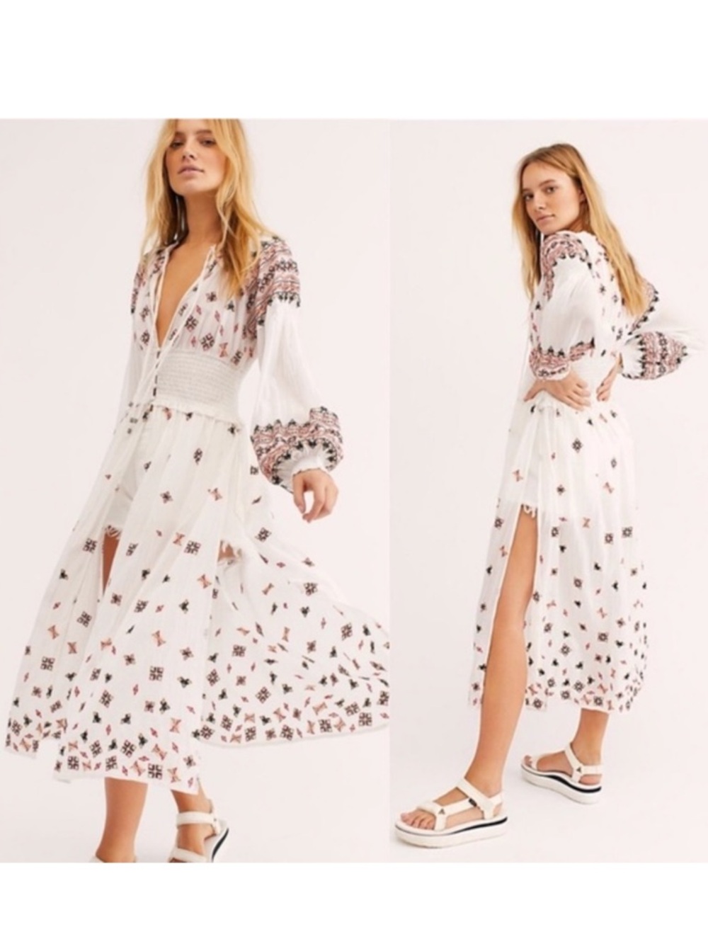 Free People White Boho Embroidered Maxi Dress with Pink and Black Accents